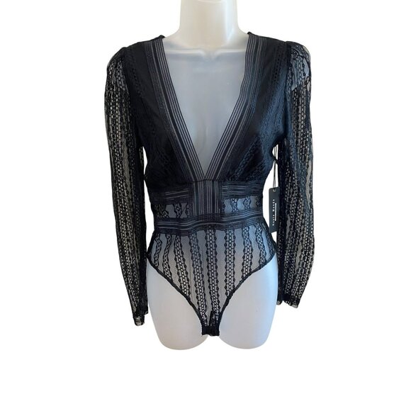 Black Lace Long Sleeve Deep V-Neck Bodysuit By Haute Monde With Sheer Mesh Desig - Picture 2 of 6